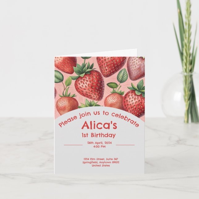 Erdbeere 1. Geburtstagseinladung im Sommer Einladung (Vorderseite)