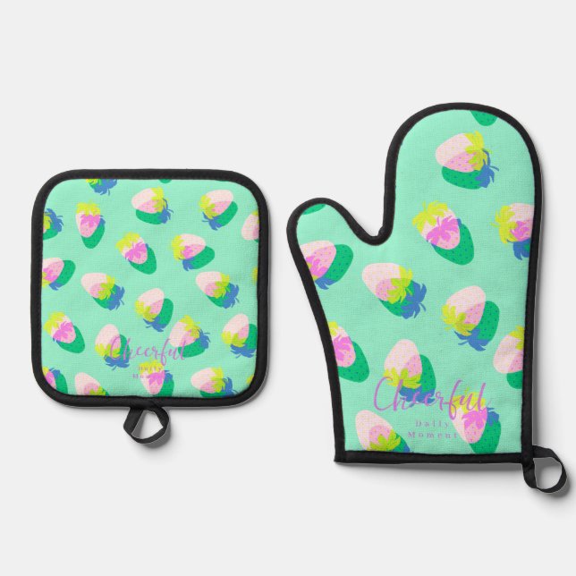 Erdbeere Aquamarin Ofenhandschuh & Topflappen-Set (Vorderseite)