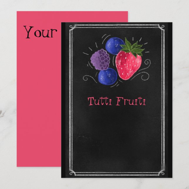 Erdbeere aus Chalk, schwarz, Tuti fruiti    Einladung (Vorne/Hinten)