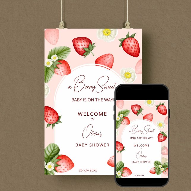 Erdbeere Beere Babydusche Begrüßungszeichen Poster (Strawberry berry sweet baby shower pink welcome sign poster editable template digital download)