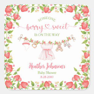 Erdbeere Beere Süße Wäscheleine Baby Shower  Quadratischer Aufkleber