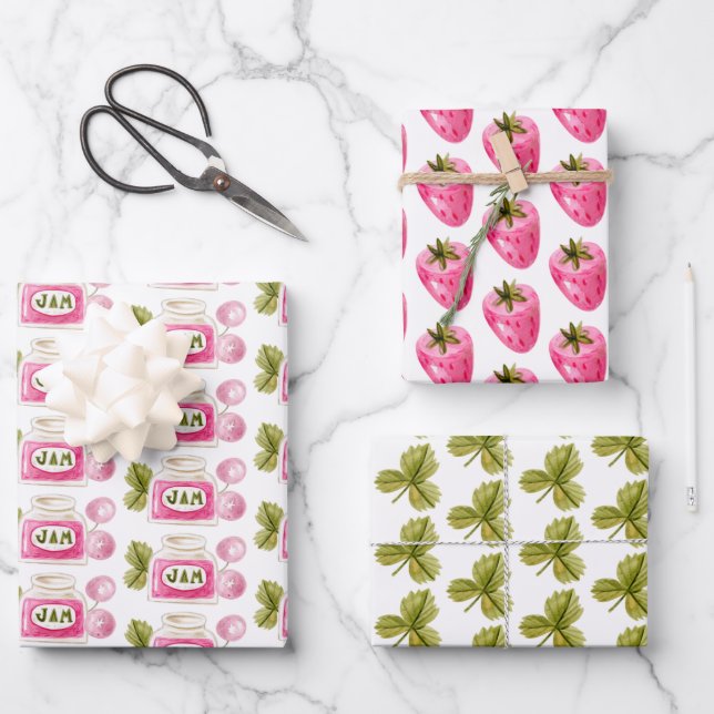 Erdbeere Berry Fruit Jam Wrapping Paper Set 3 Geschenkpapier Set (Vorderseite)