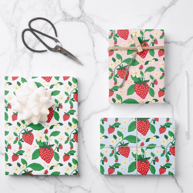 Erdbeere Botanisches Geschenkstück All-Over-Muster Geschenkpapier Set (Vorderseite)