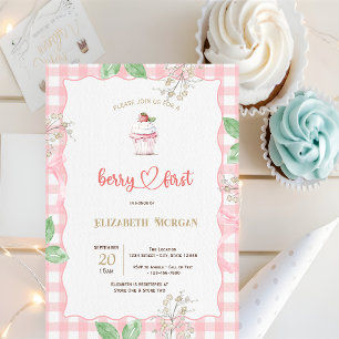 Erdbeere Cupcake Rahmen Karierte Babydusche Einladung