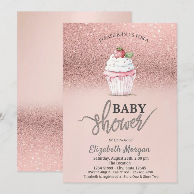 Erdbeere Cupcake Rose Gold Glitzer Baby Dusche Einladung (Vorne/Hinten)