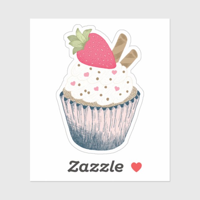 Erdbeere Cupcake Sticker - Rosa Herzsprinklen (Blatt)