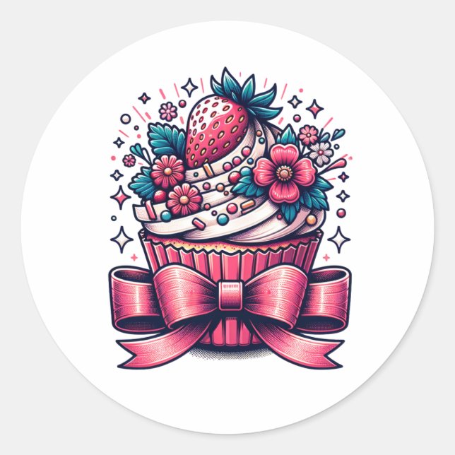 Erdbeere Cupcake Whimsical Runder Aufkleber (Vorderseite)