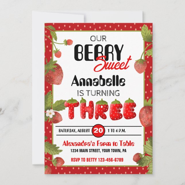 Erdbeere Dritte Geburtstagspartei Einladung (Vorderseite)