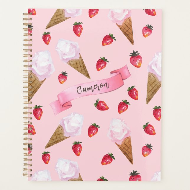 Erdbeere Eis Creme Niedlich Retro Rosa Personalisi Planer (Vorderseite)