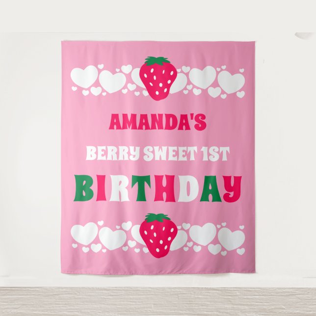 Erdbeere Erster Geburtstag Stoffbanner Wandteppich (Vorderseite)