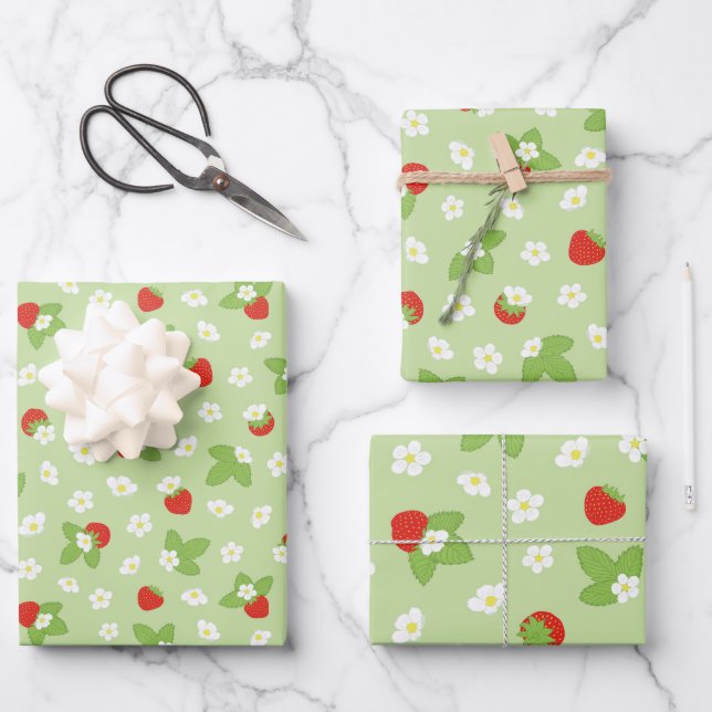 Erdbeere Frucht Blumengrün Muster Geschenkpapier Set (Vorderseite)
