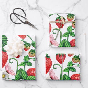 Erdbeere Frucht und Erdbeerblüte Lebendig  Geschenkpapier Set