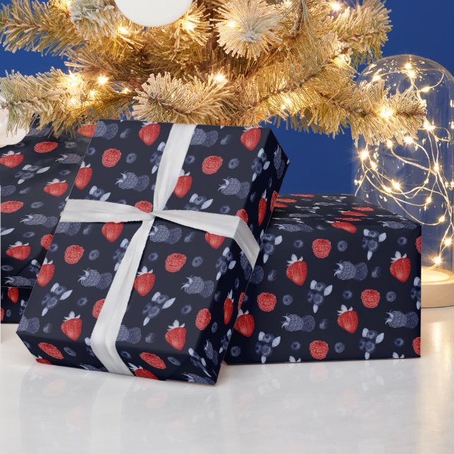 Erdbeere, Huckleberry, BlackBerry auf Navy Blue Geschenkpapier (Feiertage)