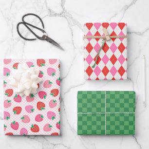 Erdbeere Karo & Raute Weihnachten Rosa Grün Geschenkpapier Set