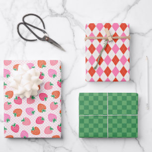 Erdbeere Karo & Raute Weihnachten Rosa Grün Geschenkpapier Set
