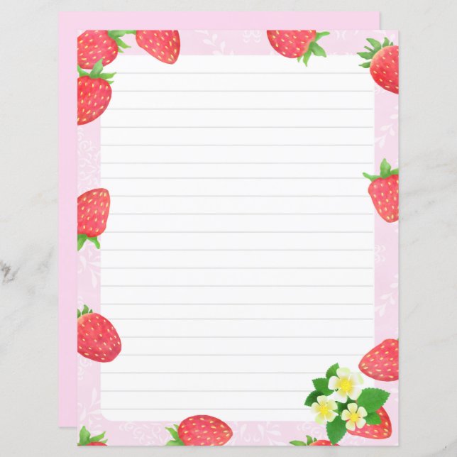 Erdbeere Lined Pink Stationery Paper (Vorne/Hinten)