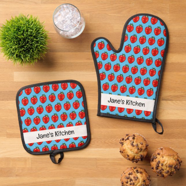 Erdbeere mit Fruchtrot (Name) Ofenhandschuh & Topflappen-Set (Oben Unten)