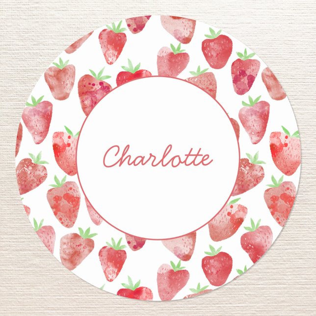 Erdbeere Personalisiert Runder Aufkleber (Strawberry watercolor pattern personalized custom name script font sticker)