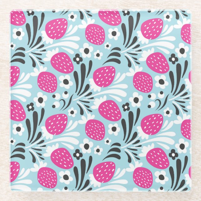 Erdbeere: Rosa Berry Nahtlos. Glasuntersetzer (Vorderseite)