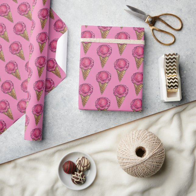 Erdbeere Rosa Eiscreme Waffelkone Geschenkpapier (Kunsthandwerk)