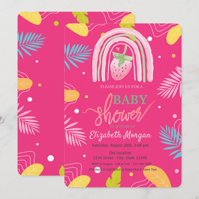 Erdbeere Tropische Blätter Pink Baby Dusche Einladung (Vorne/Hinten)