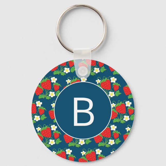 Erdbeere und Blume Blaues Muster Mit Monogramm Schlüsselanhänger (Vorderseite)
