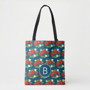 Erdbeere und Blume Blaues Muster Mit Monogramm Tasche