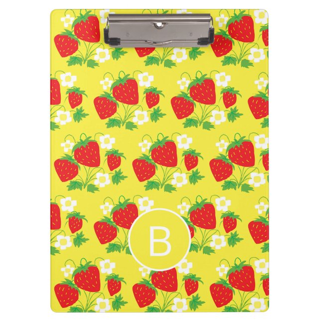 Erdbeere und Blume Gelbes Muster Monogrammiert Klemmbrett (Vorderseite)