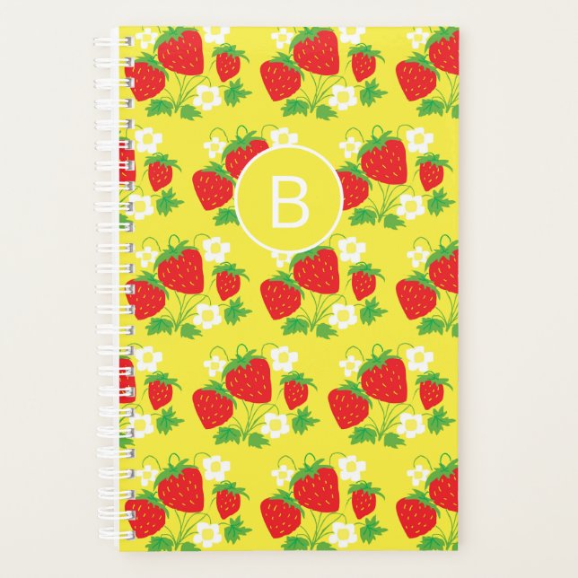 Erdbeere und Blume Gelbes Muster Monogrammiert Planer (Vorderseite)