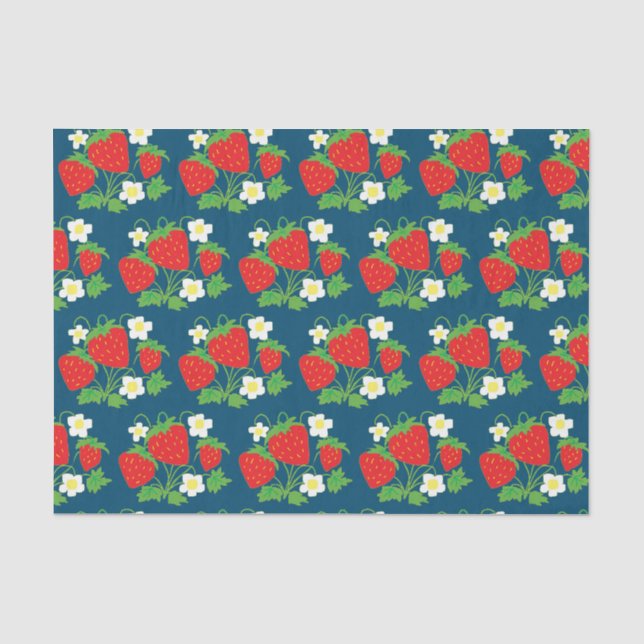 Erdbeere und Blume Muster Blau Seidenpapier (Vorderseite)