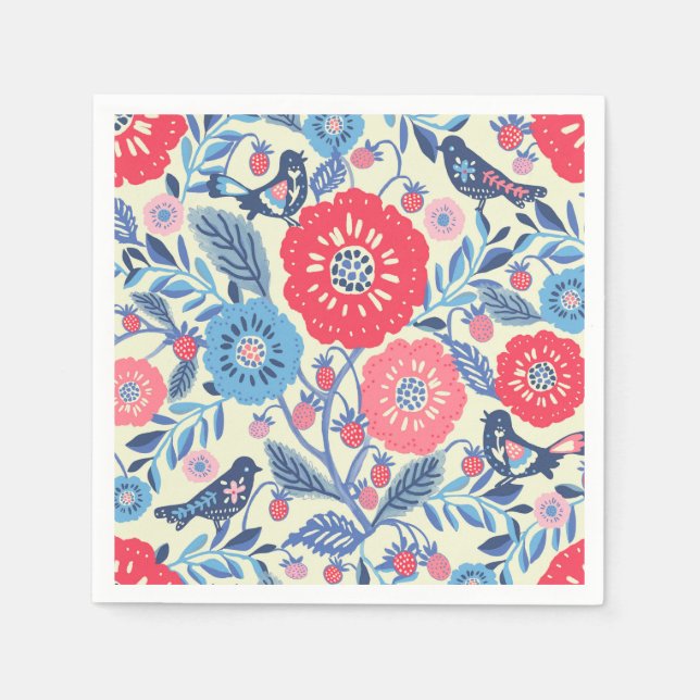 Erdbeere und Blume von Vögeln der Volkskunst Serviette (Vorderseite)