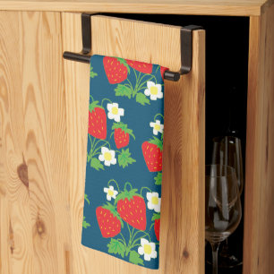 Erdbeere und Blumen Blaues Muster Geschirrtuch