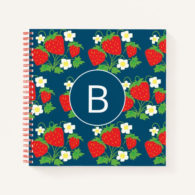 Erdbeere und Blumen Blaues Muster Monogrammiert Notizbuch (Vorderseite)