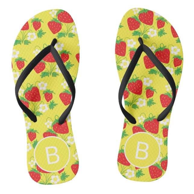 Erdbeere und Blumen Gelb Muster Monogrammiert Flip Flops (Fußbett)