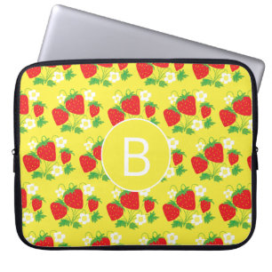 Erdbeere und Blumen Gelb Muster Monogrammiert Laptopschutzhülle