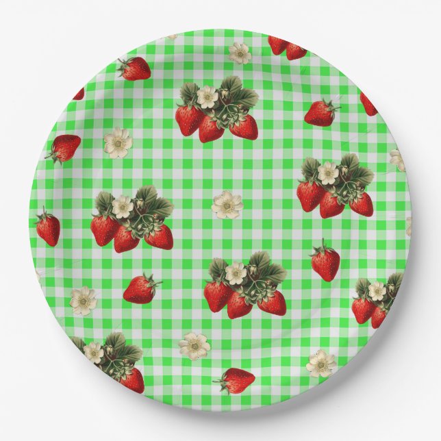 Erdbeere und Gingham-niedliche Teller (Vorderseite)