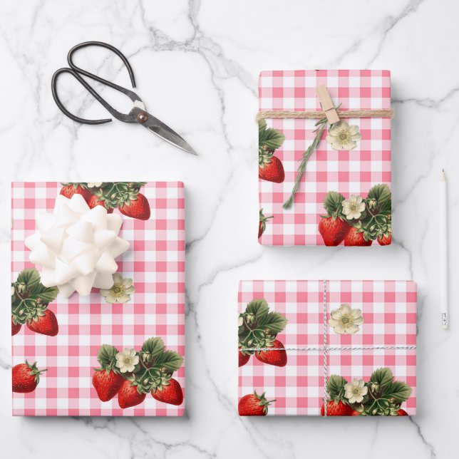 Erdbeere und niedliche Gingham-Geschenkblätter Geschenkpapier Set (Vorderseite)
