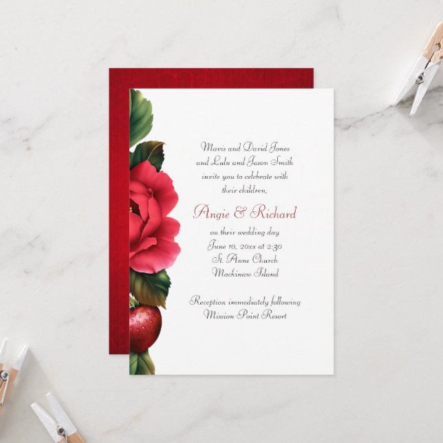 Erdbeere und Rote Rosen Einladung Hochzeiten (Vorderseite/Rückseite Beispiel)