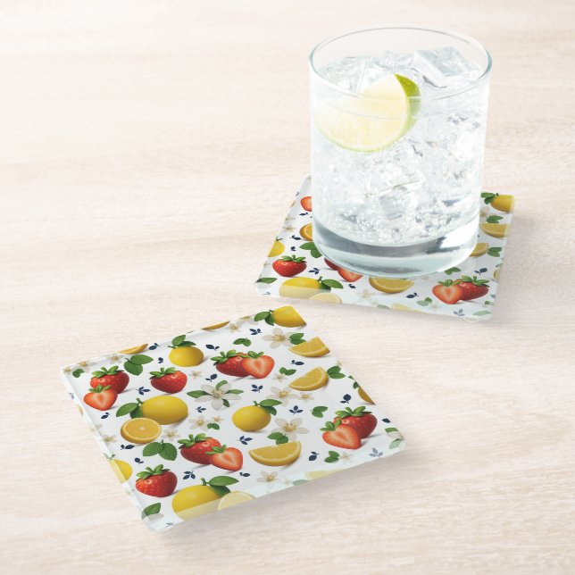 Erdbeere und Zitrone Frischobst Glasuntersetzer (Schrägansicht)