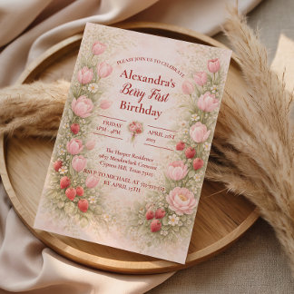 Erdbeere Vintage-Blumen-Thema 1. Geburtstag Einladung
