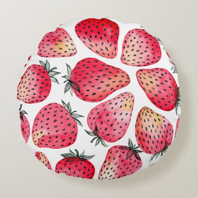 Erdbeeren, Aquarell und Tinte Rundes Kissen (Vorderseite)