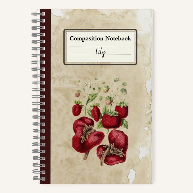 Erdbeeren auf einem Personalisierten, alten Papier Notizbuch (Vorderseite)