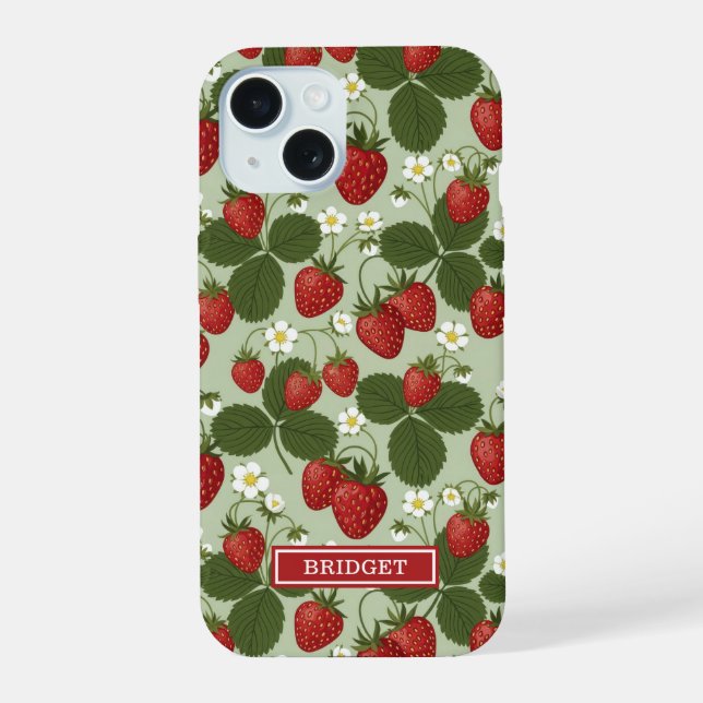 Erdbeeren auf grünem Monogramm iPhone 15 Hülle (Rückseite)