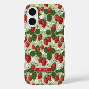 Erdbeeren auf grünem Monogramm iPhone 16 Hülle
