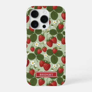Erdbeeren auf grünem Monogramm iPhone 16 Pro Hülle