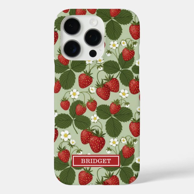 Erdbeeren auf grünem Monogramm iPhone 16 Pro Hülle (Rückseite)
