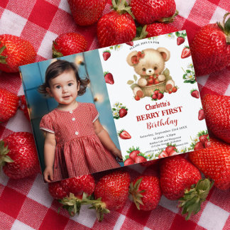 Erdbeeren Bear Berry Erster Geburtstag Foto Einladung