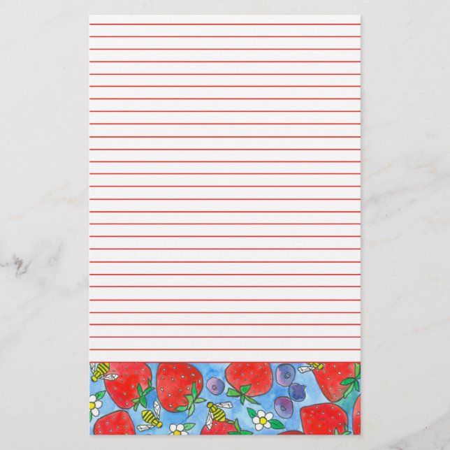 Erdbeeren Blaubeeren Bees Red Lined Briefpapier (Vorderseite)