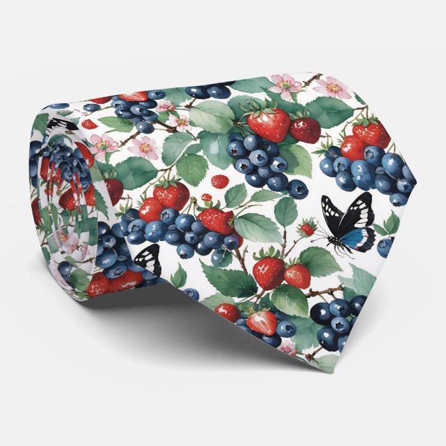 Erdbeeren Blaubeeren und Schmetterlinge Krawatte (Gerollt)