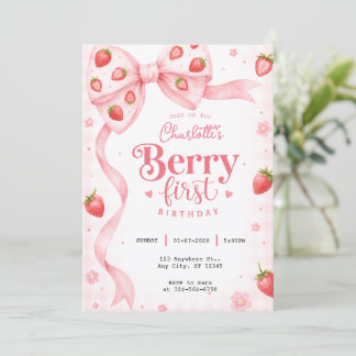 Erdbeeren Erster Geburtstag Rosa Schleife Strawber Einladung
